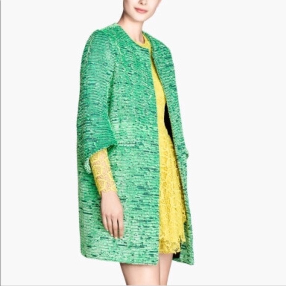 H&M Bright Green Jacquard Weave Fuzzy 3/4 Sleeve Open Front Jacket Sz 8‎